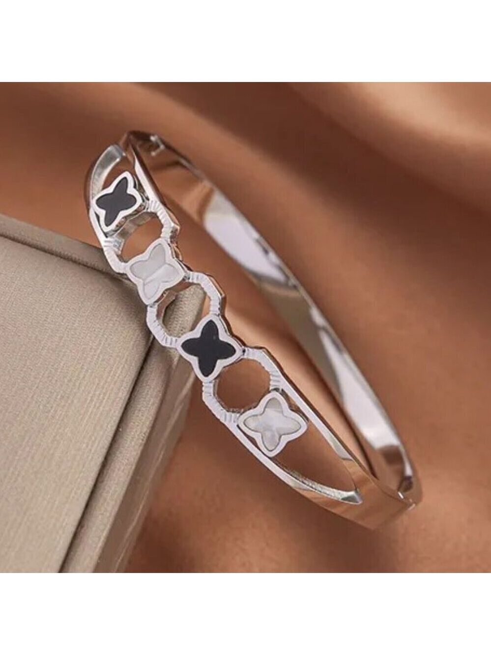 Stainless Steel Silver Tone Clover Bangle, Pearl White And Black